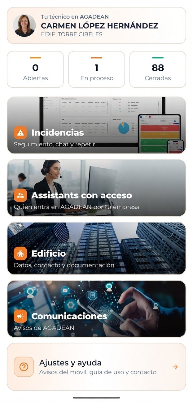 Pantalla de inicio de la app AGADEAN: técnico asignado, contador de incidencias abiertas, en proceso y cerradas, y accesos a incidencias, edificio y comunicaciones.